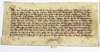 Photographie einer mittelalterlichen Urkunde aus dem Stadtarchiv in Speyer.