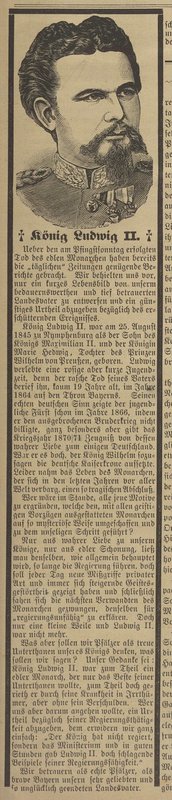 Artikel des Pfälzers in Amerika mit Stahlstich-Portrait von Ludwig II. am oberen Ende des Textes. Der Herrscher blickt nach rechts und trägt eine Militäruniform, auf der einige Orden zu sehen sind.