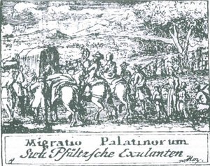 Ein Track Siedler bewegen sich auf dem schwarzweißen Stich durch eine weite Landschaft. Die meisten Menschen bewegen sich zu Fuß, einige sind beritten. Ein Planwagen ist zu erkennen.
