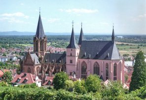 Panorama Photograpghie der pink angestrichenen Oppenheimer Katharinakirche.