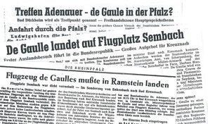 Abbildung mehrerer Zeitungs Titelseiten mit Schlagzeilen zum Treffen von De Gaulle und Adenauer 1958.
