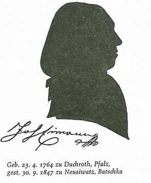 Scherenschnitt Abbildung von Johann Eimann im Profil, darunter seine Unterschrift und seine Lebensdaten: geboren 23.4.1764 zu Duchroth, Pfalz und gestorben, 30.09.1847 zu Neusiwatz, Batschka