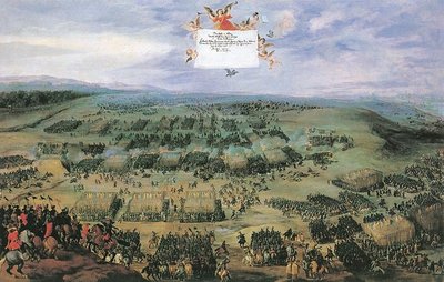 Idealisiertes Gemälde der Schlacht am Weißen Berg mit den säuberlich in Quadraten aufgereihten Soldaten.