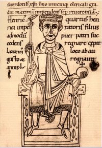 Abbildung von Heinrich IV. in einer Handschrift. Auf einem Thron sitzend, mit den Reichsinsignien und lateinischer Umschrift.