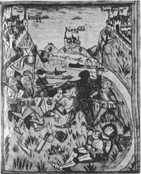 Darstellung eines verwüsteten Schlachtfelds mit mehreren Toten, einer davon ist Albrecht I. von Habsburg.