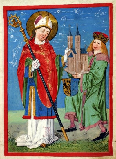 Mittelalterliche Malerei wie König Dagobert dem Hl. German das Modell der Kirche St. German in Speyer überreicht.