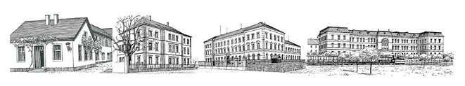 Zeichnung der Schulgebäude der Taubstummen und Gehörlosen im Wandel der Zeit